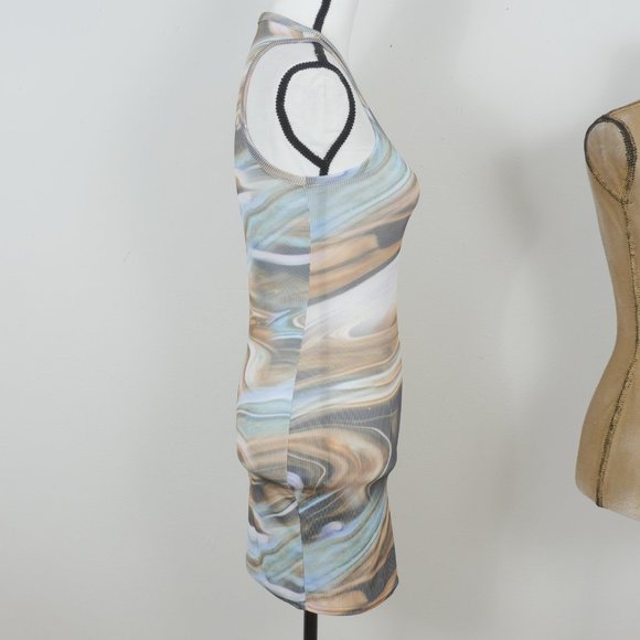 Pretty Little Thing Blue Brown Green Marble Design Size 4 Sleeveless Mini Dress - Picture 6 of 11